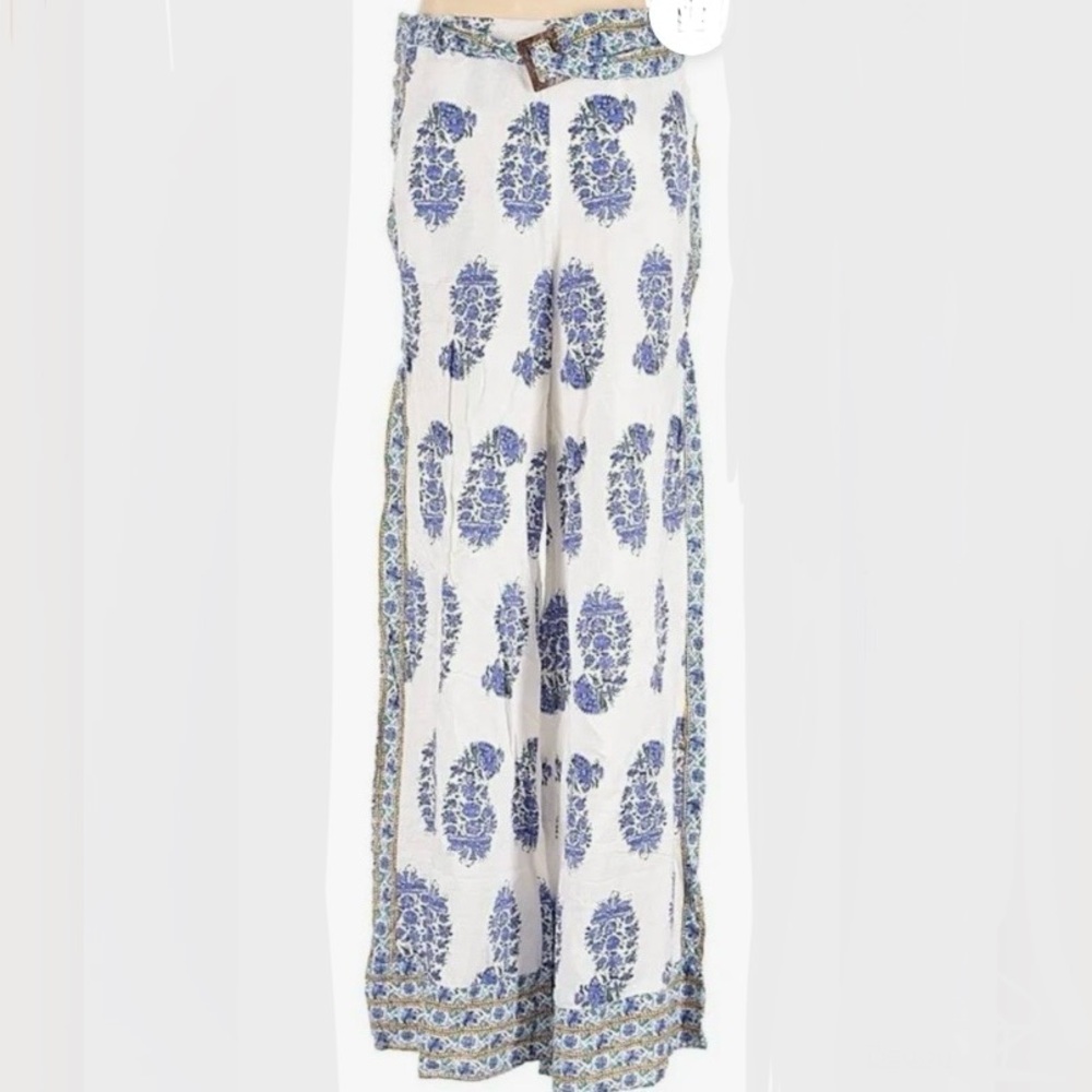 Nicole Miller Atelier Linen Blend Wide Leg Pants Blue & White Paisley Print NWT